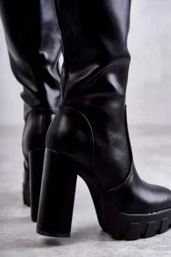 Discount Boto Modne Skórzane Kozaki Na Platformie Czarne Isabell