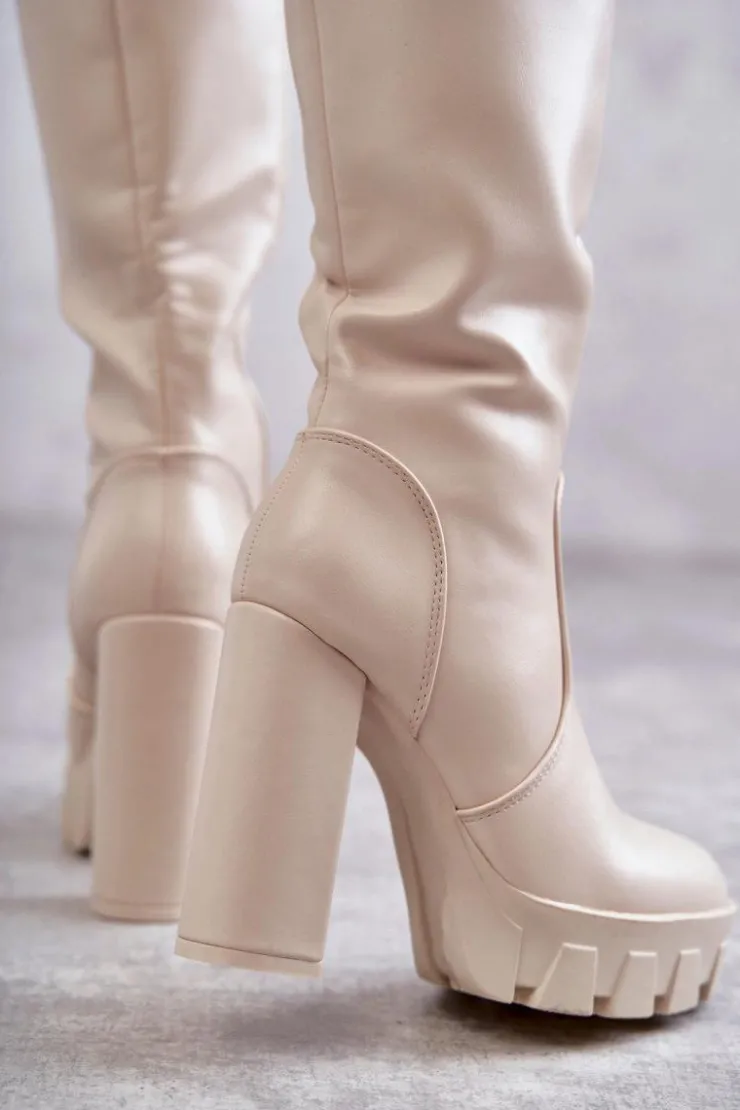 Boto Kozaki Wiosenne|Kozaki Przed Kolano*Modne Skórzane Kozaki Na Platformie Beżowe Isabell