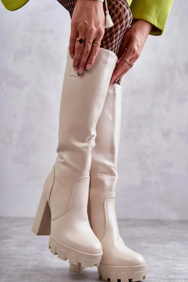 Boto Kozaki Wiosenne|Kozaki Przed Kolano*Modne Skórzane Kozaki Na Platformie Beżowe Isabell