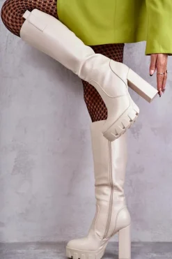 Boto Kozaki Wiosenne|Kozaki Przed Kolano*Modne Skórzane Kozaki Na Platformie Beżowe Isabell
