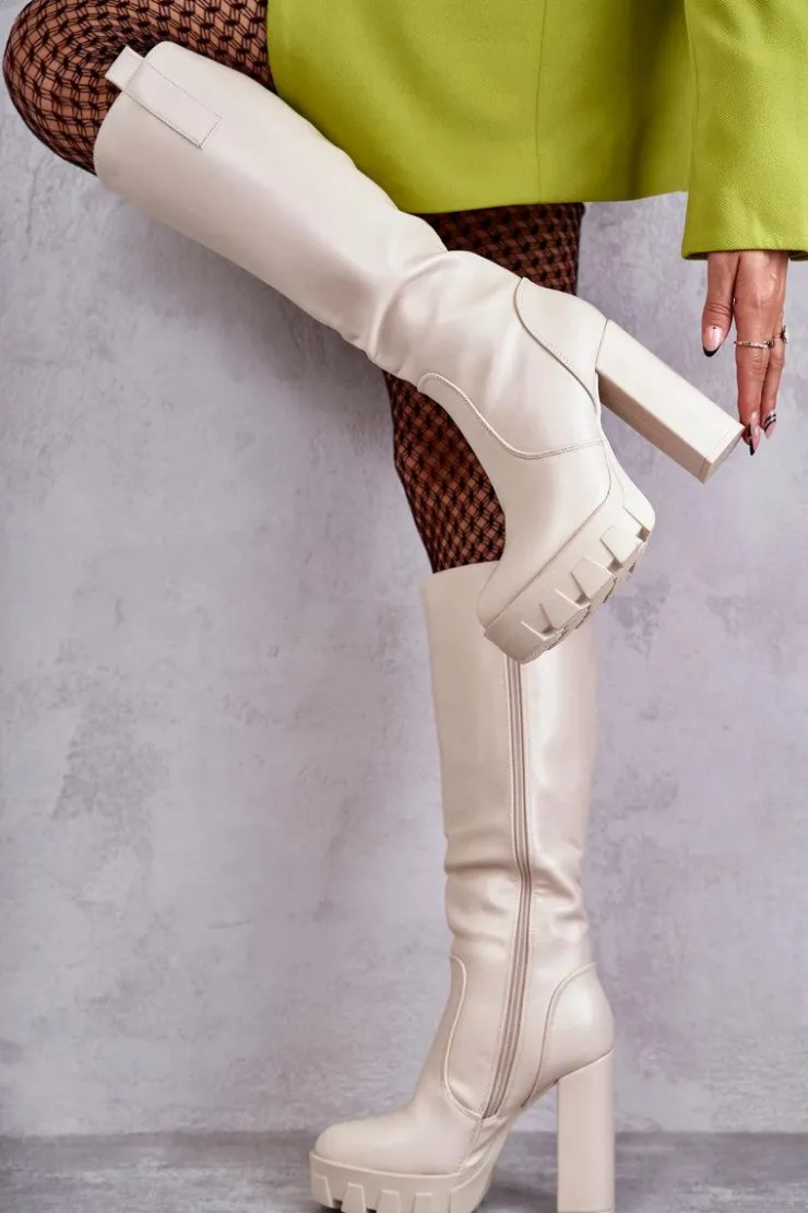 Boto Kozaki Wiosenne|Kozaki Przed Kolano*Modne Skórzane Kozaki Na Platformie Beżowe Isabell