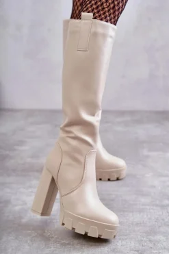 Boto Kozaki Wiosenne|Kozaki Przed Kolano*Modne Skórzane Kozaki Na Platformie Beżowe Isabell