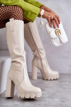 Boto Kozaki Wiosenne|Kozaki Przed Kolano*Modne Skórzane Kozaki Na Platformie Beżowe Isabell