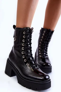 Damskie Boto Modne Skórzane Ocieplane Botki Na Obcasie Czarne Illusion