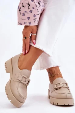 Damskie Boto Modne Skórzane Półbuty Loafery Beżowe Lemar Rayhan