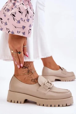 Damskie Boto Modne Skórzane Półbuty Loafery Beżowe Lemar Rayhan