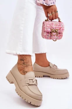 Damskie Boto Modne Skórzane Półbuty Loafery Beżowe Lemar Rayhan