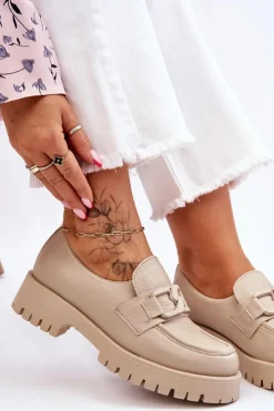 Damskie Boto Modne Skórzane Półbuty Loafery Beżowe Lemar Rayhan