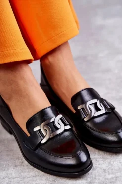 Outlet Buty damskie Vinceza Modne Skórzane Półbuty Loafery Czarne Trine