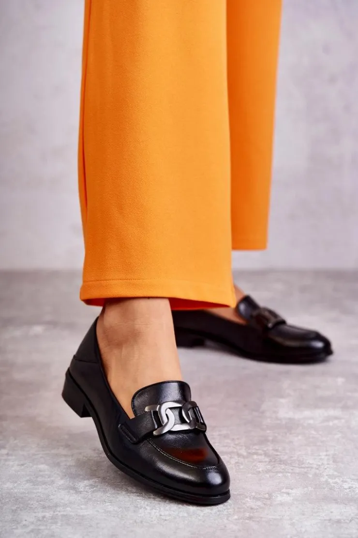 Outlet Buty damskie Vinceza Modne Skórzane Półbuty Loafery Czarne Trine