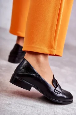 Outlet Buty damskie Vinceza Modne Skórzane Półbuty Loafery Czarne Trine