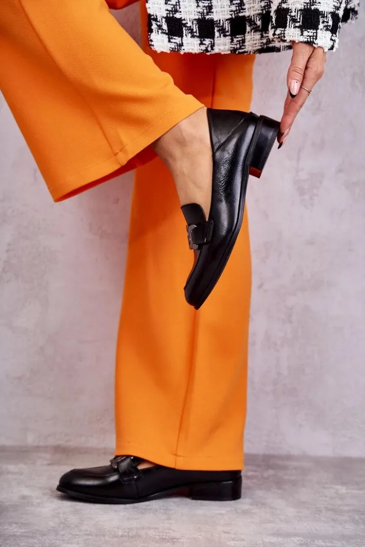 Outlet Buty damskie Vinceza Modne Skórzane Półbuty Loafery Czarne Trine