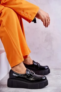 Damskie Boto Modne Skórzane Półbuty Na Platformie Czarne Marsol