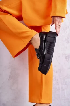 Damskie Boto Modne Skórzane Półbuty Na Platformie Czarne Marsol