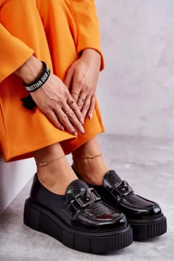 Damskie Boto Modne Skórzane Półbuty Na Platformie Czarne Marsol