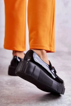 Damskie Boto Modne Skórzane Półbuty Na Platformie Czarne Marsol