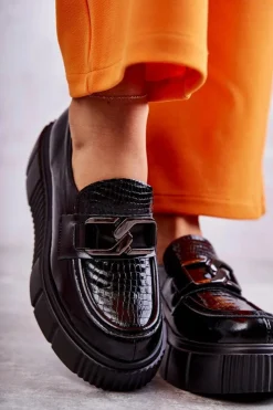 Damskie Boto Modne Skórzane Półbuty Na Platformie Czarne Marsol