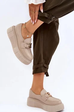 Damskie Boto Modne Skórzane Półbuty Na Platformie Beżowe Lemar Marsol