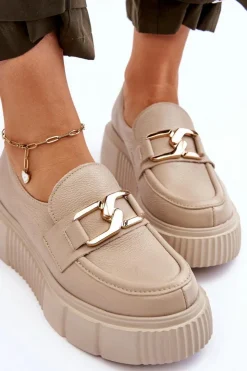 Damskie Boto Modne Skórzane Półbuty Na Platformie Beżowe Lemar Marsol