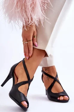 Online Buty Sergio Leone Modne Skórzane Sandałki Na Szpilce Sergio Leone SK429 Czarne