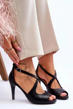 Online Buty Sergio Leone Modne Skórzane Sandałki Na Szpilce Sergio Leone SK429 Czarne