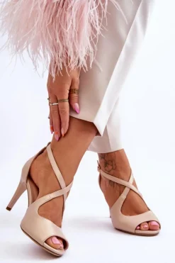 Hot Buty Sergio Leone Modne Skórzane Sandałki Na Szpilce Sergio Leone SK429 Perłowe Beżowe