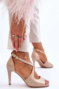 Hot Buty Sergio Leone Modne Skórzane Sandałki Na Szpilce Sergio Leone SK429 Perłowe Beżowe