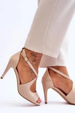 Hot Buty Sergio Leone Modne Skórzane Sandałki Na Szpilce Sergio Leone SK429 Perłowe Beżowe