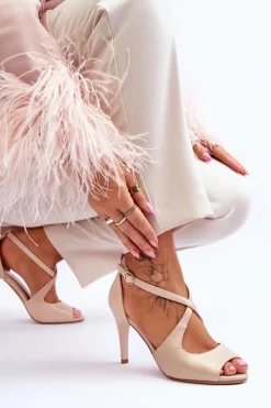 Hot Buty Sergio Leone Modne Skórzane Sandałki Na Szpilce Sergio Leone SK429 Perłowe Beżowe