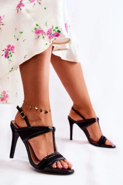 Outlet Boto Modne Skórzane Sandałki Na Szpilce Czarne Havanna