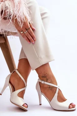 Sale Buty Sergio Leone Modne Skórzane Sandałki Na Szpilce Sergio Leone SK429 Perłowe Jasnobeżowe