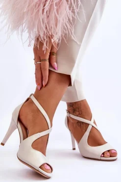 Sale Buty Sergio Leone Modne Skórzane Sandałki Na Szpilce Sergio Leone SK429 Perłowe Jasnobeżowe