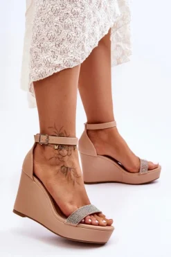 Damskie Boto Modne Skórzane Sandały Na Koturnie Nude Arwen