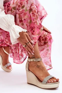 Sale Boto Modne Skórzane Sandały Na Koturnie Złote Arwen