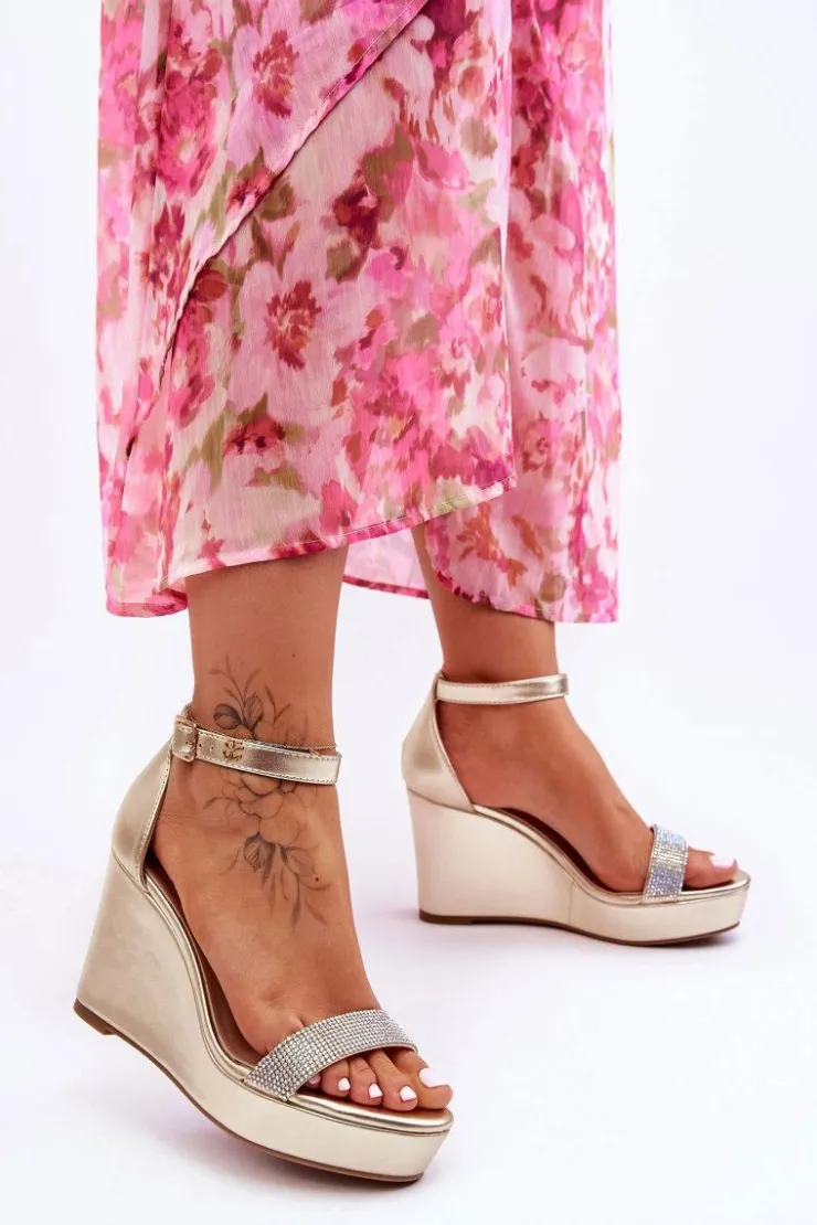 Sale Boto Modne Skórzane Sandały Na Koturnie Złote Arwen