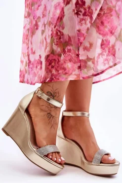 Sale Boto Modne Skórzane Sandały Na Koturnie Złote Arwen