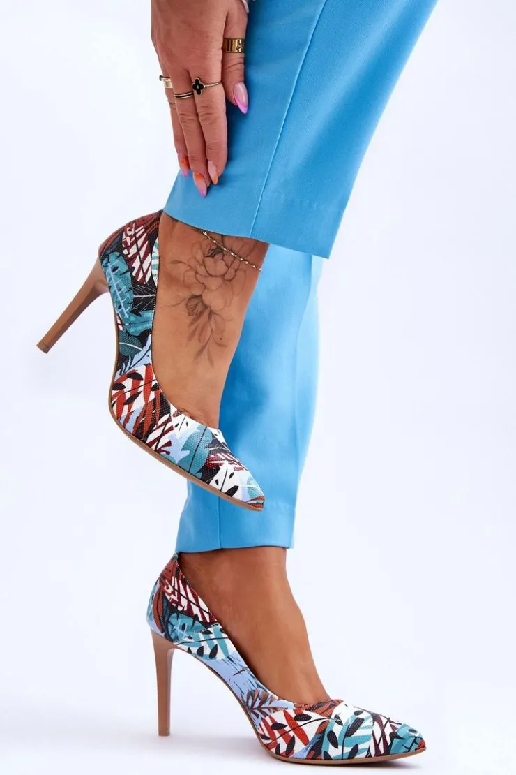 Boto Czółenka Klasyczne*Modne Skórzane Szpilki Lewski Shoes 2659 Zielono-Niebieskie