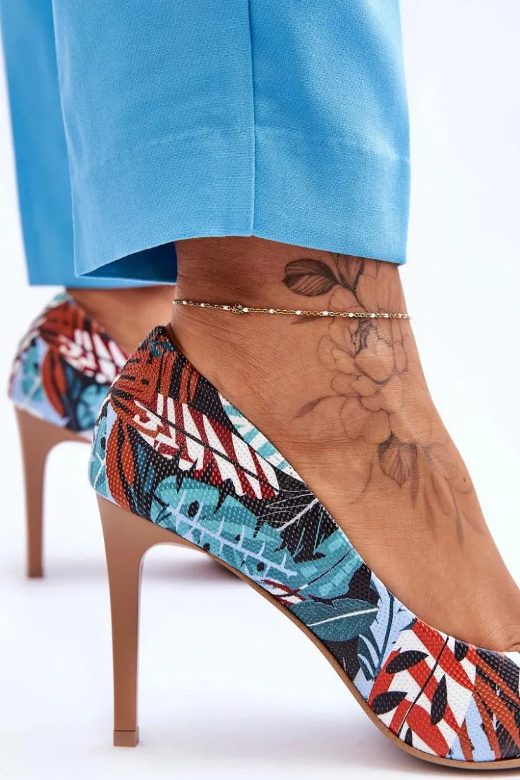 Boto Czółenka Klasyczne*Modne Skórzane Szpilki Lewski Shoes 2659 Zielono-Niebieskie