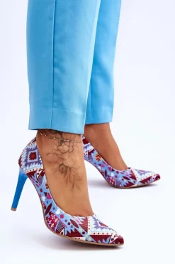 Boto Czółenka Klasyczne*Modne Skórzane Szpilki Lewski Shoes 2659 Niebiesko-Czerwone Wielokolorowy