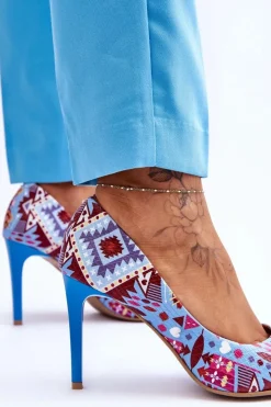 Boto Czółenka Klasyczne*Modne Skórzane Szpilki Lewski Shoes 2659 Niebiesko-Czerwone Wielokolorowy