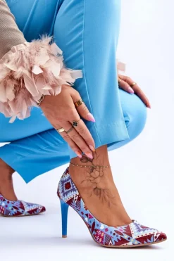 Boto Czółenka Klasyczne*Modne Skórzane Szpilki Lewski Shoes 2659 Niebiesko-Czerwone Wielokolorowy