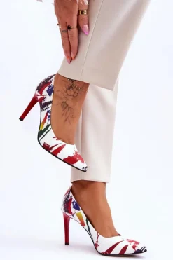 Discount Boto Modne Skórzane Szpilki Lewski Shoes 2659 Biało-Czerwone