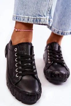 Damskie Big Star Shoes Modne Skórzane Trampki Big Star KK274143 Czarne