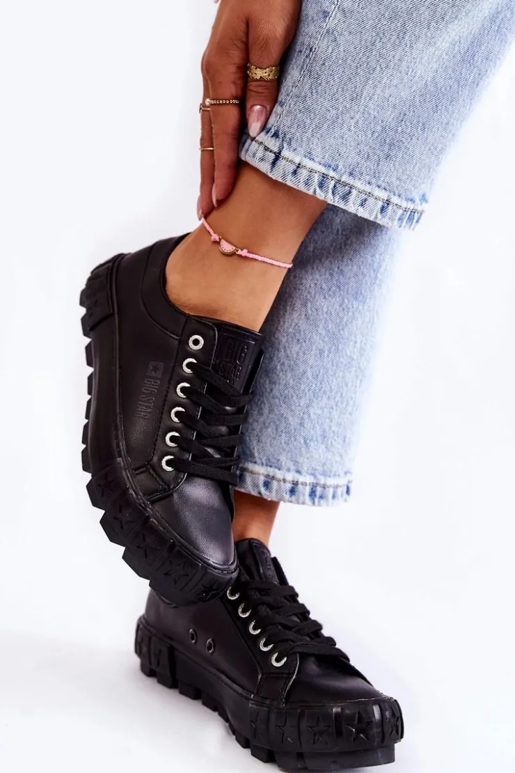 Damskie Big Star Shoes Modne Skórzane Trampki Big Star KK274143 Czarne