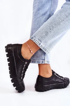 Damskie Big Star Shoes Modne Skórzane Trampki Big Star KK274143 Czarne