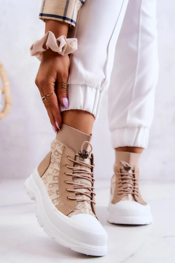 Damskie Boto Modne Trampki Wysoka Skarpeta Beżowe Collin