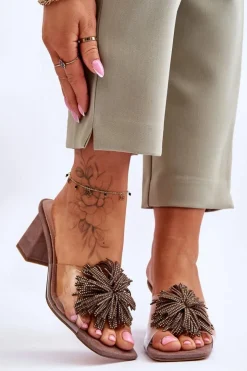 Hot Damskie buty S.Barski Modne Transparentne Klapki Na Obcasie S.Barski KV-AP658-1 Brązowe