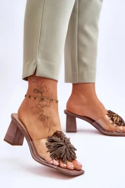 Hot Damskie buty S.Barski Modne Transparentne Klapki Na Obcasie S.Barski KV-AP658-1 Brązowe