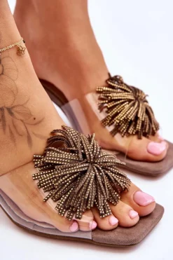 Hot Damskie buty S.Barski Modne Transparentne Klapki Na Obcasie S.Barski KV-AP658-1 Brązowe