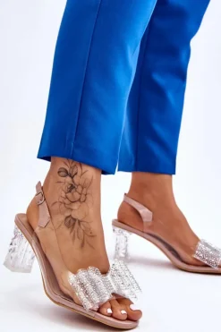 Damskie buty S.Barski Sandały Na Obcasie*Modne Transparentne Sandały Z Kokardą Nude Ariella